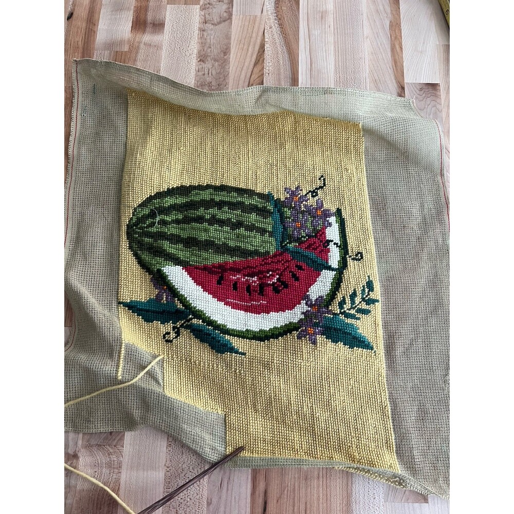 Vintage Needlepoint Set of 2 Watermelon Flowers Blue & Yellow Work in Progress - Picture 7 of 12